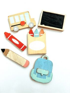 Wooden School Toy Set - Blue, Red, Peach, Natural